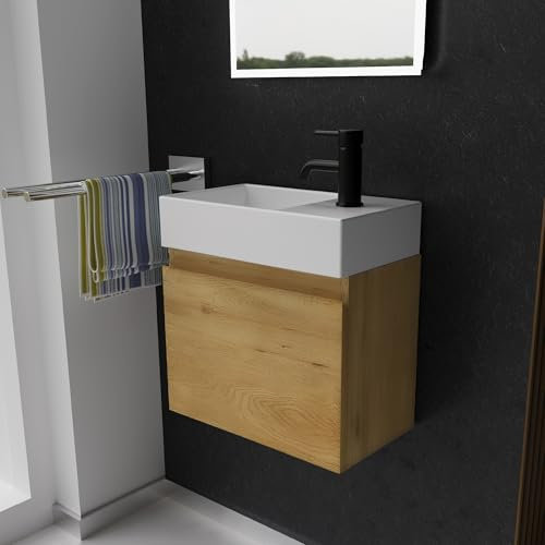 Alpenberger Gäste WC Waschbecken mit Unterschrank 45 cm Breit | Waschtisch Set Klein | Aufsatzwaschbecken Waschtischunterschrank Hängend | Hängeschrank | Waschbeckenunterschrank Eiche Natur