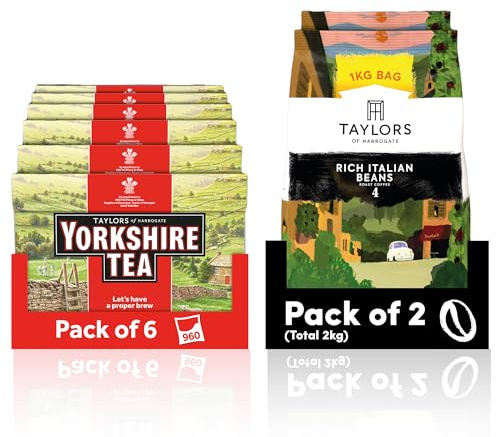 Yorkshire Tea Bundle (Total of 960 Tea Bags) + Taylors of Harrogate Rich Italian Coffee Beans (Total of 2kg) – Perfect for the Office