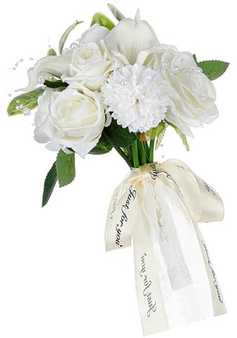 QUEENYARD Bouquet de roses en soie blanche et lys calla en tissu soyeux pour cadeau et décoration