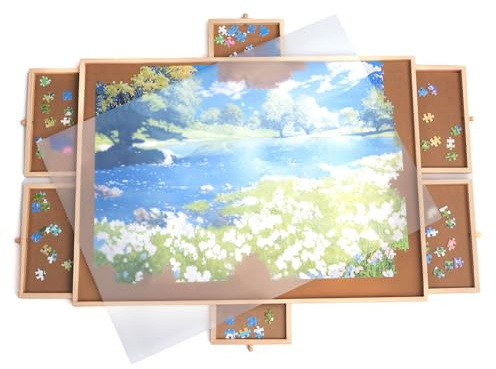 FlinQ Plateau Puzzle Bois 89x68 cm – Table à 1500 Pièces avec 6 Tiroirs et Bacs de Tri – Planche à Puzzle avec Couvercle – Portapuzzle & Rangement