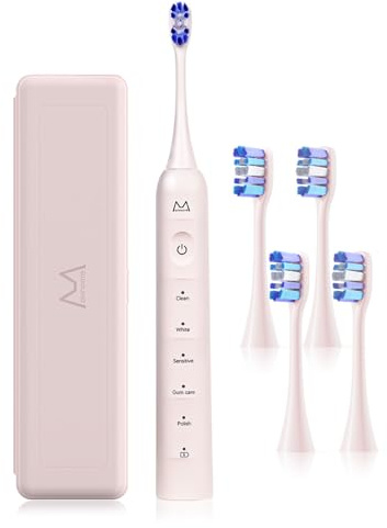 Marlincare Electric Toothbrush, Sonic Toothbrush for Adult – 180 Days Battery, IPX8 Waterproof, 48,000 VPM, 5 Cleaning Modes, Smart Timer, USB-C Charging, Travel Case & 4 Brush Heads (Pink)