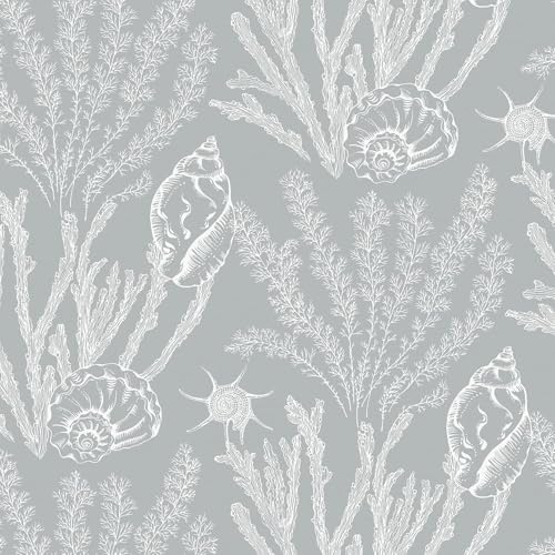 Yomshi Peel and Stick Wallpaper Grey Silver Sea Life Vinyl Film 41 × 1000 cm Self Adhesive Wallpaper Seaweed Shells Contact Paper for Cabinet Furniture Living Room Bedroom Removable Easy to Clean