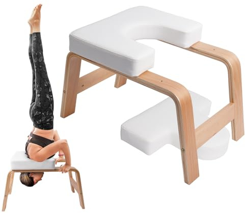 QVEEQ Yoga-Kopfstand-Bank, Yoga-Inversionsstuhl, Kopfstand-Trainer mit Holzrahmen und PU-Pad, Ständer, Yoga-Stuhl, Stressabbau, Balance-Training, Körperformung, Tragfähigkeit 136 kg (Holz, weiß)