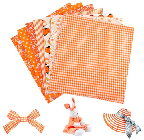 7 Pcs Fat Quarters Fabric Bundles,19.69 x 19.69Inch Precut Multicolor Autumn Flower Fabric for Quilting, Sewing,Patchwork & DIY Craft Projects Beginners, Cottin Squares (Orange, 50x50cm)