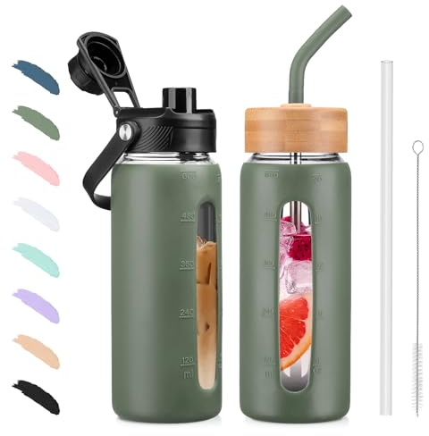 BLUEGO 600ml Glass Water Bottle with Straw and 2 Lids Glass Coffee Cup with Time Marker and Silicone Protector Glass Tumbler for Beverages Soda Cola BPA Free, Oliver