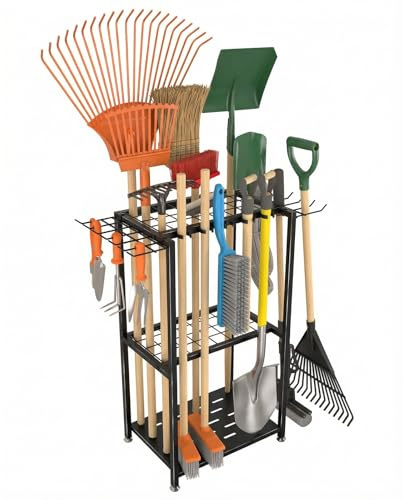 Faesun Garden Tool Organizer, 3-Tier Metal Yard Tool Rack with 14 Hooks & 5 Slots, Holds 50+ Rakes/Shovels/Brooms, Heavy Duty Freestanding Lawn Tool Storage for Garage Shed Outdoor Organization