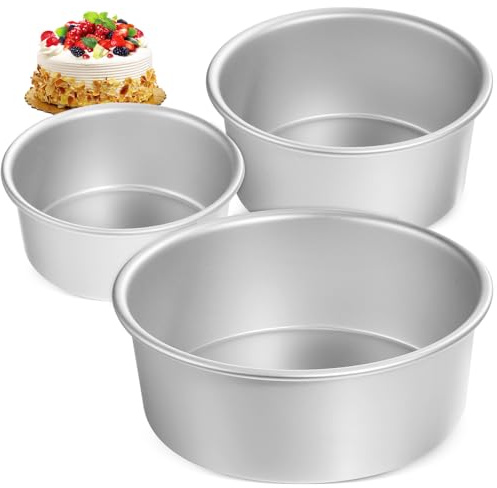 Generico Set da 3 Tortiere Rotonde Antiaderenti in Alluminio per Dolci Stampi da Forno Profondi Bordo Arrotolato per Uso Domestico Teglie da 4 6 e 8 Pollici per Dessert e Torte