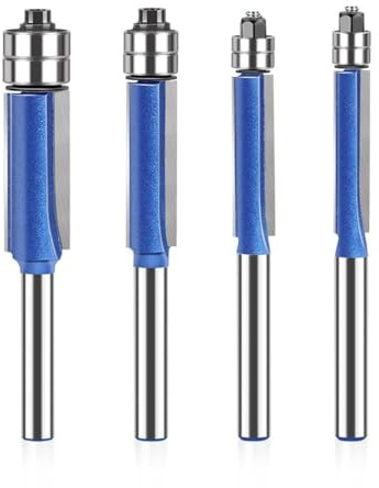 SOCOJE 4PCS 1/4 Inch Shank Flush Trim Router Bit Set, Silver Blue Double Bearing Router Bit Trimming Knife Woodworking Milling Tools Double-Edged Trimming Machine Blade