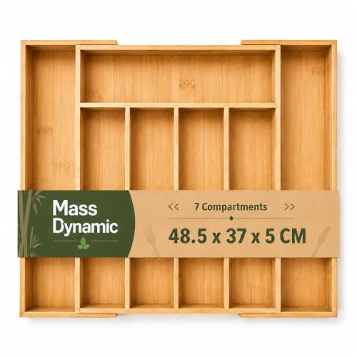 MASS DYNAMIC Cutlery Drawer Organizer Expandable Bamboo Utensil Tray, Adjustable Silverware and Flatware Holder, Compact Storage for Spoons, Forks, Knives - Ideal for Kitchen and Office Supplies