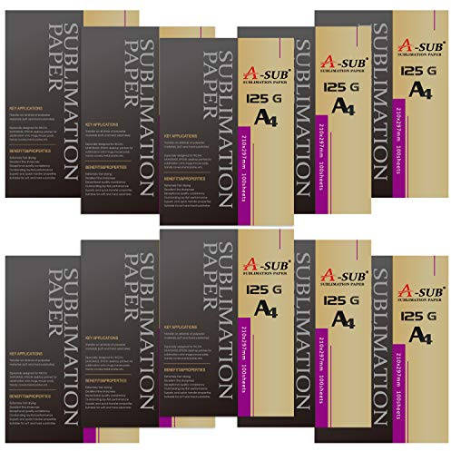 A-SUB Papier de sublimation A4, 210x297 mm, 1000 feuilles, 125 g/m², compatible avec les imprimantes à sublimation EPSON, SAWGRASS, RICOH, BROTHER