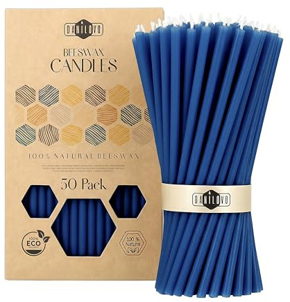 Danilovo Velas de cera de abeja 50 piezas (Azul) - Velas ortodoxas oración, rituales, decoración mesa - Sin hollín, sin goteo, mecha algodón (Altura 16 cm)
