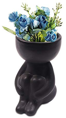 DIYOMR Grazioso vaso in ceramica umanoide, altezza 9,1 cm, per bonsai, cactus, per casa, ufficio, scrivania, piante non incluse (nero C)