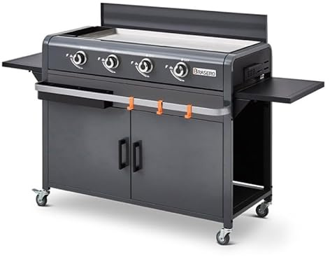 BRASERO - Plancha Lola à gaz sur chariot équipé Gun Metal - 4 brûleurs à gaz - jusqu'à 14 convives - Surface de cuisson 88 x 35,5 cm - 9,6 kW - Récupérateur de graisse