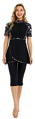 Rash Guard Badeanzug Kurzarm Surfanzug Bescheidene Bademode für Frauen Burkini Beachwear Kostüm Bescheidener Badeanzug (M,J1)