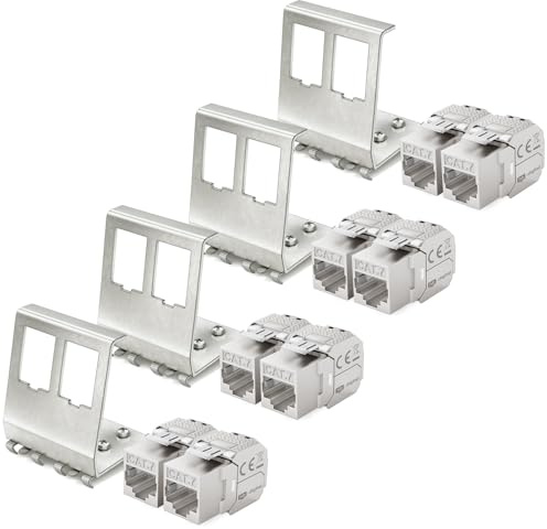 hb-digital Set: 8 x CAT.7 Keystone RJ45-modul 4 x Hi-adaptrar metall Keystone-hållare för Hutschior 35 mm standard | RJ45-jack skärmad rostfritt stål LSA montering Ethernet LAN nätverksbrytare