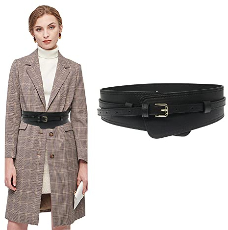 TOEECY Cinturones de Mujer Ancho Cuero PU Doble Capa Cintura con Hebilla de Metal Vintage Elástico para Camisa Vestidos (Negro)
