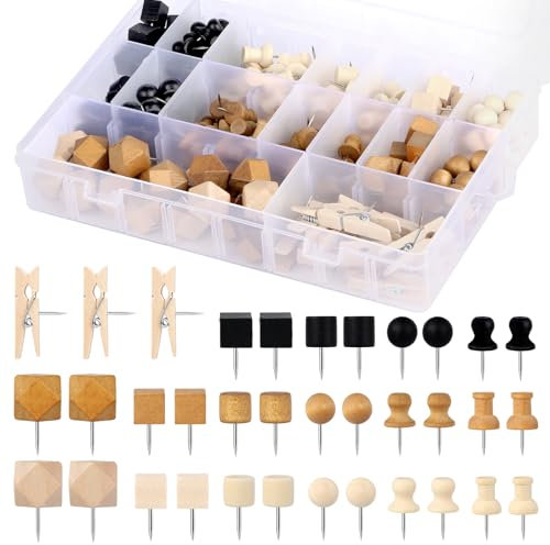 Doxiru Reißzwecken-Set aus Holz mit Aufbewahrungsbox, 230 Stück Reißzwecken aus Holz, Reißzwecken aus Walnussholz, 3 Farben und 7 Stile für Korktafeln, Karten, Fotos, Bastelarbeiten
