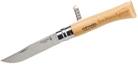 Opinel-Messer, Größe 10, Buchenholz, mit Korkenzieher (mit Namensgravur auf dem Griff)