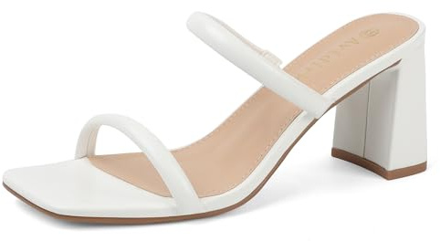 Avidirk Women's Square Open Toe Heeled Sandals Two Strap Mules Slip On Block Chunky Mid White Heels Sandals