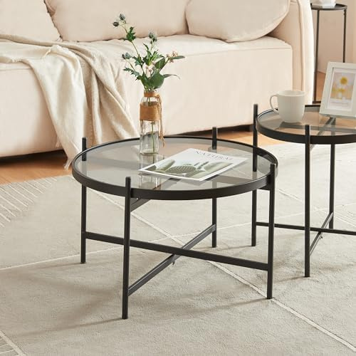 [en.casa] Soffbord Lier Vardagsrumsbord Glasbord Soffbord Rund Glasskiva 61 x 39,5 cm Metallram Svart