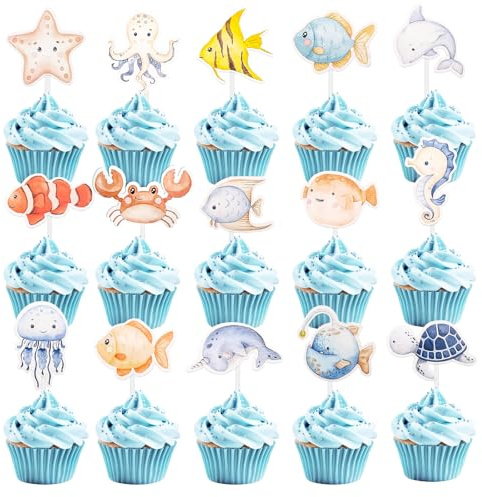 Enlace 36 stycken havsdjur cupcake-topper, hav tema tårtdekoration födelsedag, undervattensvärld dekoration tårta, fisk muffinsdekoration sjöhästar cupcake-dekoration för födelsedag dop baby shower