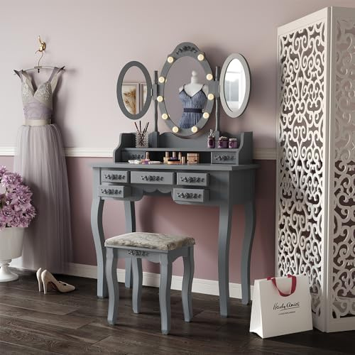 Vicco Tavolo da toilette Diana, Grigio, 90 cm con illuminazione e sgabello, con illuminazione LED e sgabello, specchio regolabile in altezza