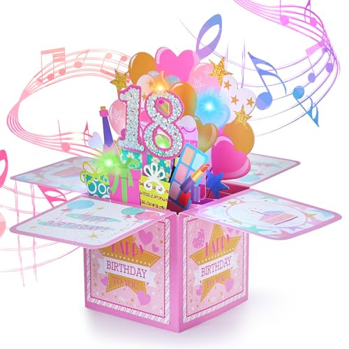 joyoldelf Carte Anniversaire Femme 18 Ans - Carte de Voeux Musicale 3D Pop Up, Cadeau de Joyeux d'Anniversaire Fille, Idéal Pour Les Maman, Ami, MèRe, SœUr, Petite Amie, Compagnon, FêTe de Famille