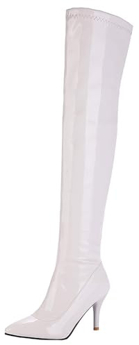HSyc JRX Bottes hautes vernies pour femme avec talon aiguille et fermeture éclair, Blanc., 42.5 EU