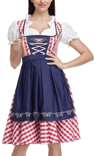 Tysk klänning, rutig damklänning i etnisk stil, dirndl-dräkt för oktoberfest, för cosplay, bayersk klänning