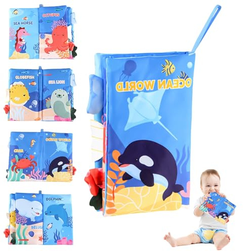 JAONLD Baby Book Cloth Toys Ocean Tails Sensory Book Soft Fabric Crinkle Pram Early Development Interactive Newborn Gifts for 0 3 6 12 Months Boys Girls