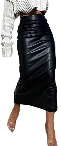 FeMereina Womens Long Faux Leather Skirt Bodycon High Waist Slim Pencil Midi Skirt Back Slit PU Leather Long Skirt (Black, L)
