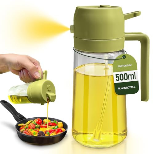 PORTENTUM Spruzzino Olio per Friggitrice Aria 500ml 2 in 1, Dosatore Bottiglia e Oliera Spruzzino olio, Accessori friggitrice ad aria nebulizzatore per Alimenti e Spruzzatore (Verde)