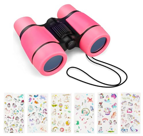 7Pcs Pink Binoculars Small Binoculars Outdoor with Lanyard, Binocular Pink Outdoor Accessories Binocular Gifts with Cute Stickers for Travel Sports Outside Suitable for Aged 15 and above