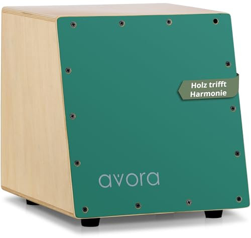 Avora Mini-Cajon - Percussion Trommelkiste mit integriertem Snareteppich - Sitztrommel mit ergonomisch abgeschrägter Front - Snare-Effekt - Instrument aus Holz - Stylische grüne Schlagfläche aus Birke