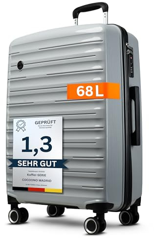Koffer Mittelgroß 68 Liter Volumen - mit TSA Schloss, Koffer & Trolleys, Reisekoffer, Hartschalenkoffer, Reisekoffer mit Rollen, Trolley, Hartschalenkoffer mittelgroß, Koffer L, Rollkoffer (Grau, L)