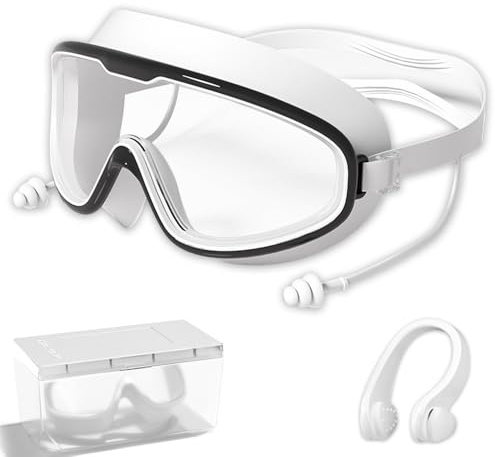 lbxtswpl Swimming Goggles, Swim Goggles Large Frame with Nose Clip and Earplugs, Anti-fog & Anti-UV Fashion Swim Goggle for Adult Men Women Youth