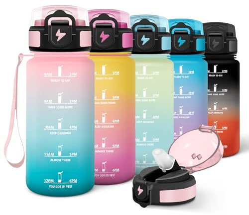 Motswedi Botella agua Niños, 500ml con Pajita, Cantimplora Infantil, con Marcador de Tiempo, Botella de agua, a Prueba de Fugas, Cantimplora, Reutilizable, para Escuela, Deporte, Yoga, Rosa Verde
