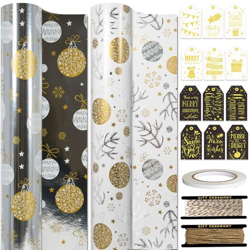 HaloCasa Papier Cadeau de Noël Métallisé - Set de 2 Rouleaux Doré & Argenté (43 cm x 10 m) avec Étiquettes Cadeaux et Ficelle de Jute - pour Calendrier de l'Avent et Emballages Cadeaux