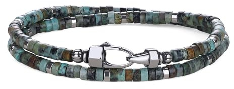 COAI Bracciale di Perline di Turchese Africano da Uomo in Pietre Naturali, Bracciale Doppio Strato da Uomo con Perline Heishi di Pietre Naturali L