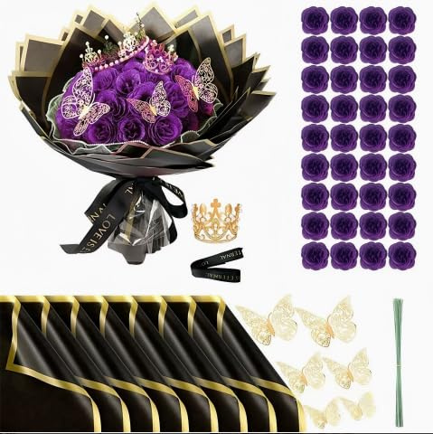 KHDULQ Ramos de Rosas Artificiales 24 Piezas Ramo de Rosas con Purpurina con Papel de Regalo y Corona Ramo Artificial Regalos para el Día de San Valentín Bodas (Morado)