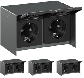 ledscom.de 4 pièces prise de courant en saillie STEDDA, IP44, acier inoxydable - prise murale résistante aux intempéries, anthracite, horizontale, avec 2 prises de courant pour le jardin, la