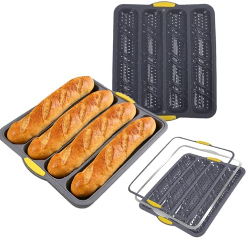 YXIAOO Molde de silicona para 4 baguettes, bandeja para baguette, 38 x 32,5 cm, para obtener resultados crujientes, color gris