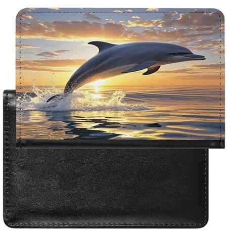 Delfini che saltano fuori dall'acqua al tramonto, porta passaporto per viaggi in pelle PU porta passaporto libro porta carte carino portafoglio passaporto ultra sottile custodia per passaporto