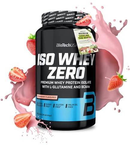 BioTechUSA Iso Whey Zero | Premium Whey Protein Isolate | Grass-Fed | Enzyme-Free | Sugar- and Gluten-free, 908 g, Jordgubb