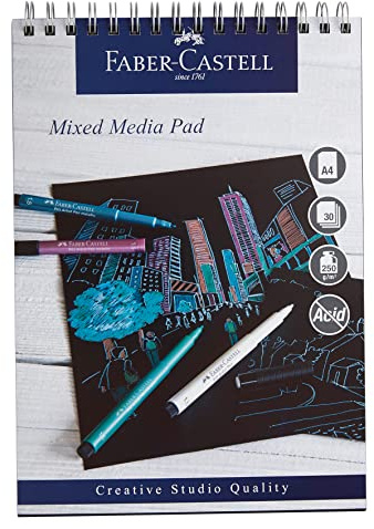 Faber-Castell Creative Studio Mixed Media Pad, A4, Spiral Bound Paper (Black), 250 GSM, 30 Sheets, All Media, Acrylic, Watercolour Paint, Pencils, Pastel, Charcoal, Graphite, Art, Craft, Home, School