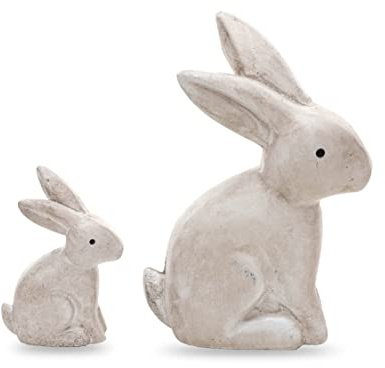 DN DECONATION Wooden Antique White 3D Bunny Rabbit Figurines for Spring Easter Decor Gift Set of 2