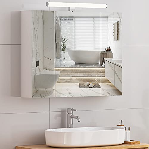 Armoire toilette miroir avec éclairage LED et Prise 70×15×60cm meuble 3 Portes armoires de Salle de Bain,3 Niveaux Étagères à Hauteur Réglable,Grand espace de rangement,Blanc