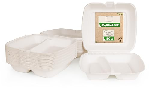 Love Nature Boîte Menu Écologique 2 Divisée 50 Pièces - Vaisselle Jetable Canne à Sucre - Boîte Menu Jetable - Emballage à Emporter - Emballage Alimentaire à Emporter