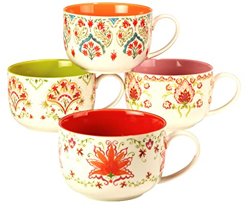 Francesca 28 oz. Jumbo Porcelain Cups – Set of 4 Assorted Floral Designs – Microwave & Dishwasher Safe – Oversized Mugs for Soup, Lattes, Cappuccino, Cereal, or Cozy Hot Drinks in Colorful Style