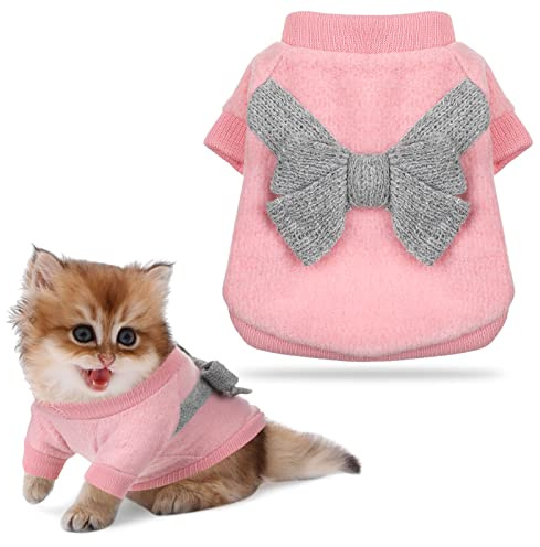 Maglione per Cane Maglioncino Caldo con Fiocco per Animali Domestici Abito Invernale per Gatto Cappotto per Cucciolo di Taglia Piccola Vestitino di Natale per Chihuahua (Rosa, Grigio)